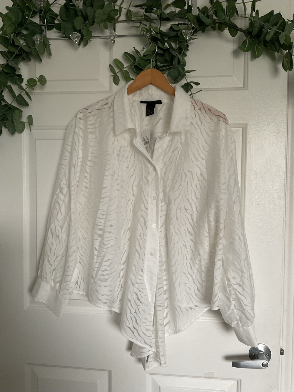 Ashley Stewart White Sheer Zebra-Print Tie Front Button Down Shirt - Picture 2 of 8